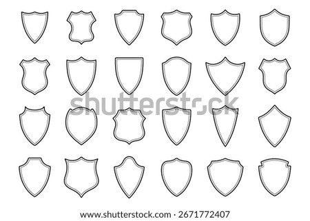 Set of outlined shield icons. Vector emblem templates with black contour for security, protection, logo, or heraldic design.