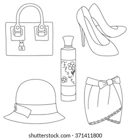 Set of outlined shoes, bag, skirt, hat and perfume bottle on white background. Vector illustration.