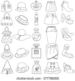 Set of outlined shoes, handbags, skirts, hats and bottles of perfume on white background. Vector illustration.