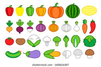 set of outlined simple colourful cute cartoon vegetables isolated on a white background, vector illustration