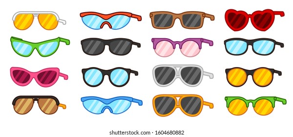 Set Of Outlined Simple Colourful Cute Cartoon Glasses/spectacles/shades Isolated On A White Background, Vector Illustration