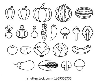 set of outlined simple cute cartoon vegetables isolated on a white background, line art vector illustration