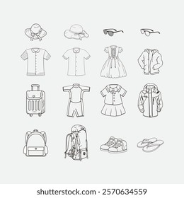 Set of outlined sketches showing arranged travel accessories, footwear, hats, backpacks, and clothing designs. Perfect for fashion, travel, or design-related projects and creative concepts.
