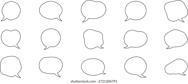 Set of outlined speech bubble icons on a white background. Simple clean line dialog shapes represent communication and conversation concepts. Ideal for chat apps, comics, infographics, and modern graphic design.
