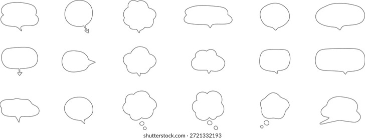 Conjunto de iconos de burbuja de discurso delineado en varias Formas sobre un fondo blanco. Los globos de diálogo de línea limpia representan conversación, mensajería y comunicación. Ideal para App de chat, cómics, infografías y Diseño gráfico.