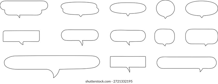 Satz von umrissenen Sprechblasensymbolen in verschiedenen Formen auf weißem Hintergrund. Sprechblasen mit sauberen Linien stellen Konversation, Messaging und Kommunikation dar. Ideal für Chat-Apps, Comics, Infografiken und Grafikdesign.