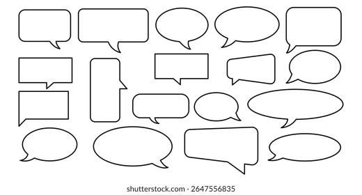 Set of outlined speech bubbles of different shapes isolated on white background