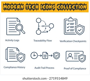 Um conjunto de ícones técnicos destacados que descrevem segurança de dados, conformidade e trilhas de auditoria.