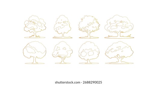Un conjunto de árboles perfilados con gradiente otoñal. Colección de ilustraciones botánicas. Arte de línea de árbol. Dibujos de árbol. Tres bocetos.