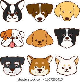 Set of outlined various cute dog faces