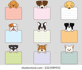 Set of outlined various cute dog faces with paws holding a note