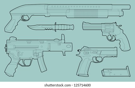 Set of outlined various weapons - illustration