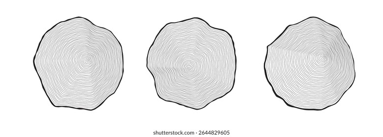 Conjunto de seções de madeira delineadas exibidas em um branco, mostrando os anéis de crescimento anual ondulados e concêntricos. Seções transversais de troncos de árvores. Formações circulares onduladas de aparência natural. Ilustração vetorial