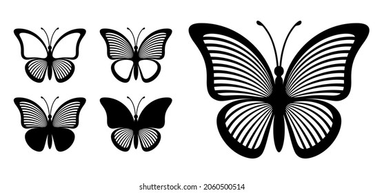 Set of outlines of butterflies with striped wings isolated on a white background. Silhouette of butterfly is perfect for stickers, icons, business cards and gift certificates