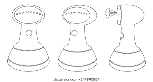 Set of outlines of a clothes steamer from different angles, outline icons of home appliances vector illustration