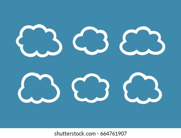 Set of outlines of clouds drawn by hand with a rough brush. Grunge, sketch, paint. Vector illustration. Six white icons isolated on blue background.
