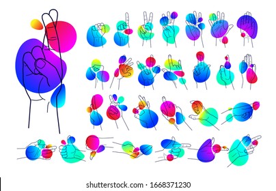 Set of outlines of human hands, movements and signs with fingers, on a background of gradient shapes isolated vector illustration