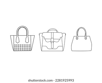 Juego de contornos de las señoras bolsos de moda. Bolsos de mano de línea en diferentes estilos y diseños. Ilustración vectorial. Juego de bolsas de dama de línea.Juego de bolsas lineales. Diferentes formas de bolso. Sacos para mujeres lineales.