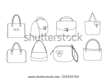 Set of outlines of ladies fashion handbags.Line Handbags in different styles and designs. Vector illustration. Set of line lady bags.Set of linear bags. Different shapes of bag.
Linear women bags set.