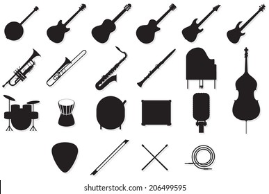 Set of outlines of many different music instruments.