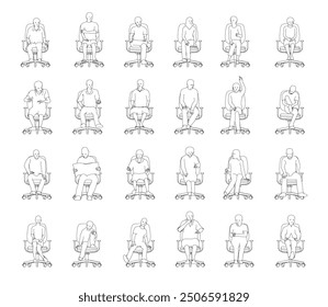 Set with outlines of people sitting in chairs in different positions from black lines isolated on white background. Men, women and children sitting in chairs. Front view. Vector illustration.