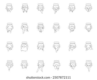 Set with outlines of people sitting in chairs in different positions from black lines isolated on white background. Men, women and children sitting in chairs. Top view. Vector illustration.