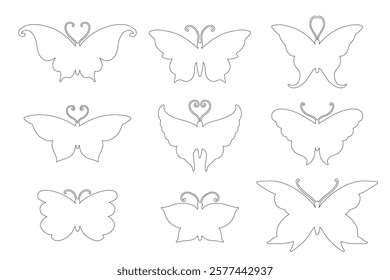Set of outlines of winged insects butterflies.Vector graphics.