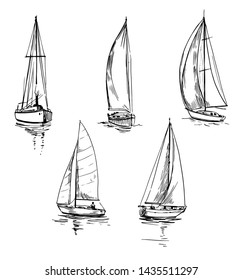 Set of outlines of yachts. Hand drawn illustration converted to vector