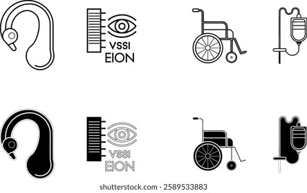 A set of outline-style healthcare icons featuring vision, hearing, mobility, and IV drip-related symbols. Ideal for medical applications, accessibility services, and hospital-related projects.


