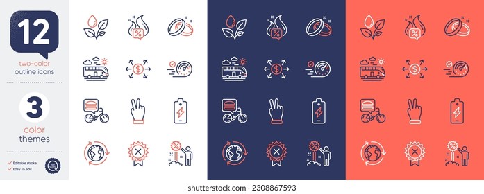 Set of Outsourcing, Battery charging and Speedometer line icons. Include Bus travel, Food delivery, Reject medal icons. Dollar exchange, Discount, Victory hand web elements. Vector