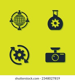 Establezca el concepto de outsourcing, DVR de coches, Gear y flechas como icono de flujo de trabajo y bioingeniería. Vector