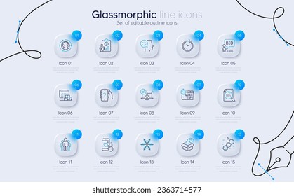 Set of Outsourcing, Snowflake and Inspect line icons for web app. Return package, Online access, Group icons. Chemical formula, Quick tips, Auction signs. Heart rating, Good mood. Vector