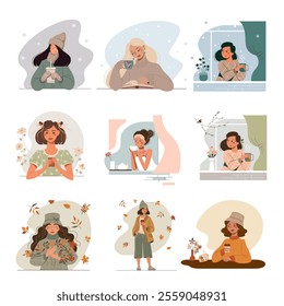 Set ov vector beautiful women with a cup of coffee. Collection of winter, spring, summer and autumn avatars for social network. Cute cartoon enjoying life and seasons. People flat portraits.