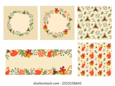 Set ov vector seamless textures with decoration elements and round frames and border. Winter holiday wallpaper with sweets and gifts. Christmas collection of ornaments and templates.