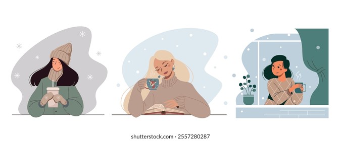 Set ov winter avatars with beautiful young women drinking coffee. Vector female portraits collection in a flat style. Nice girls enjoying life. 