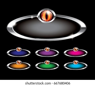 Set of oval backgrounds with a silver frame and a red cat eye, with space for your text. Vector illustration.