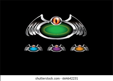 Set of oval backgrounds with a wing shaped silver frame and a red eye, with space for your text. Vector illustration.