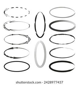Set of oval and circular shapes with artistic brush and ink style, suitable for dynamic designs. Vector illustration. EPS 10.