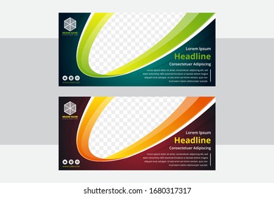 Conjunto de límites de curva ovalados para foto con degradados verde y naranja. fondo verde oscuro y rojo. banner de diseño horizontal. 