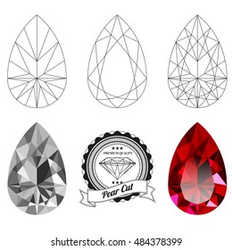 Set of oval cut jewel views isolated on white background - top view, bottom view, realistic ruby, realistic diamond and badge. Can be used as part of logo, icon, web decor or other design.
