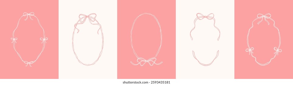 Set of oval filigree whimsical bow ribbon frames. Valentines day, Christmas, menu, New year, wedding, bachelorette party invitation and card vintage hand drawn template. Trendy pastel pink background