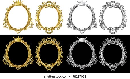 set Oval frame of Gold photo frame with corner line floral for picture, Vector border design decoration pattern style. Thai art golden metal beautiful.