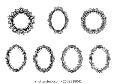 Set of oval frame vintage border engraving with swirl classic ornament, antique baroque decorative element, filigree, victorian style Vector illustration