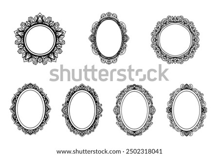 Set of oval frame vintage border engraving with swirl classic ornament, antique baroque decorative element, filigree, victorian style Vector illustration