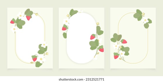 Set of oval frames with bouquets of strawberries and gold. Three frames isolated on a white background.