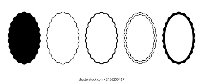 Satz ovaler Rahmen mit wellenförmigen Rändern. Elliptische Formen mit gebogenen Kanten. Spiegel-, Bild- oder Fotorahmen, leere Textfelder, Tags oder Etiketten auf weißem Hintergrund. Grafik-Illustration der Vektorgrafik.