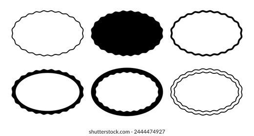 Set of oval frames with wavy edges. Ellipse shapes with undulated borders. Wiggly vignettes, mirrors, empty text boxes, tags, labels isolated on white background. Vector graphic illustration.