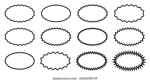 Set or oval frames with wavy and zigzag borders. Empty sale, price, discount, special offer, coupon, promo code tags. Speech bubbles, messages, text boxes in cartoon style. Vector graphic illustration