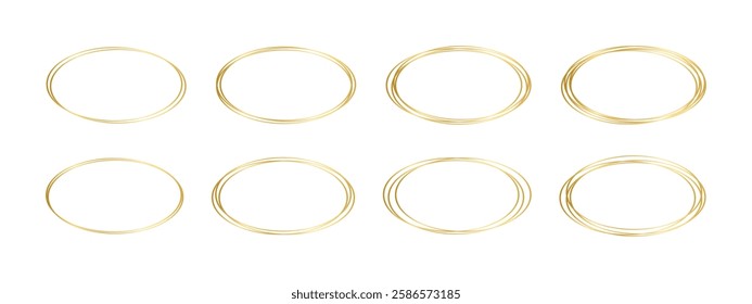 Set of oval golden frames isolated on a white background. Collection of luxury elliptic borders. Glowing decorative frameworks, design elements for birthday or wedding cards. Vector illustration.