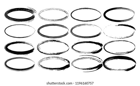 Set of oval grunge frames. Empty circlular borders isolated. Vector illustration. 